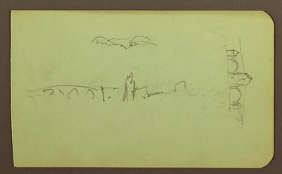 Dessin, collines, église, pont ; Verso : personnage, croix, église, 1883 - Frederic Edwin Church