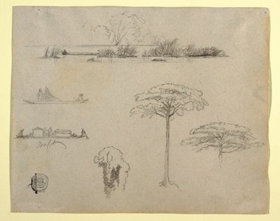 Croquis de Colombie : Paysage fluvial, hommes sur des radeaux et arbres - Frederic Edwin Church