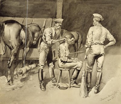 Une coupe de cheveux dans une écurie de cavalerie - Frederic Remington