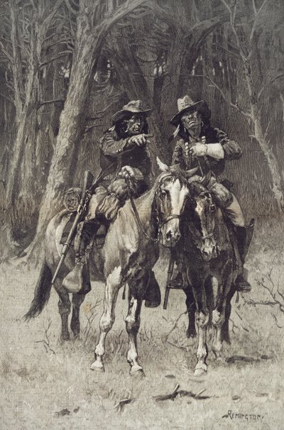 Éclaireurs Cheyenne patrouillant le Grand Bois du Nord Canadien, Oklahoma, 6 avril - Frederic Remington