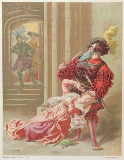 Barbe-Bleue tentant de tuer sa dernière femme, Fatima, illustration de 