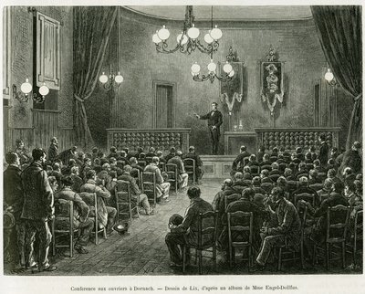 Conférence aux ouvriers des ateliers Dollfus Mieg, à Dornach. Gravure pour illustrer l