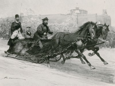 Un traîneau avec filet de soie bleue, pour empêcher la neige de pulvériser les occupants, le Kremlin en arrière-plan - Frederic de Haenen