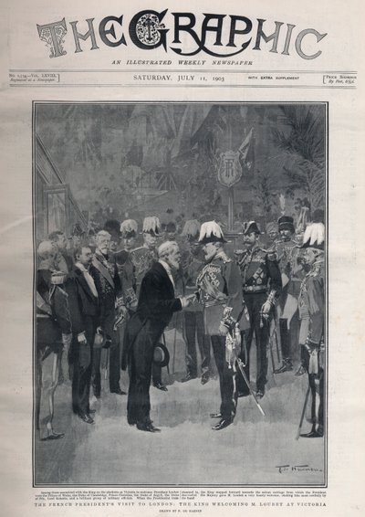 Entente cordiale : la visite du président français Émile Loubet à Londres. Le roi Édouard VII accueillant M. Loubet à la gare Victoria - Frederic de Haenen