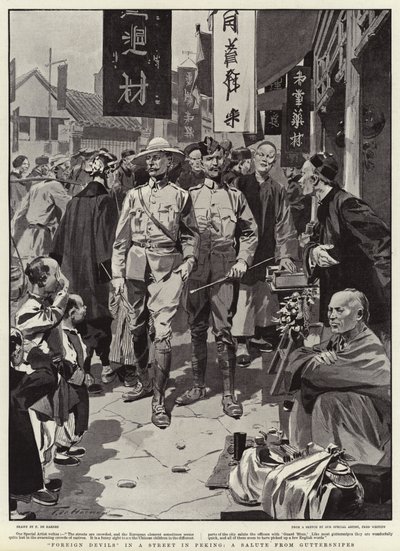 Diables étrangers dans une rue de Pékin, un salut des gamins - Frederic de Haenen
