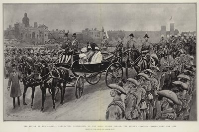La revue des contingents coloniaux de couronnement sur la parade des Horse Guards, le carrosse de la reine passant devant la ligne - Frederic de Haenen