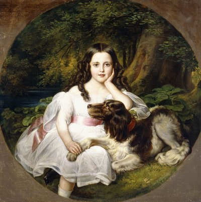 Une jeune fille se reposant dans un paysage avec son chien - Frederich August Kaulbach