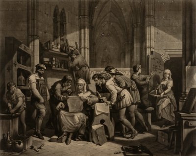 William Caxton examinant la première épreuve de son imprimerie à l