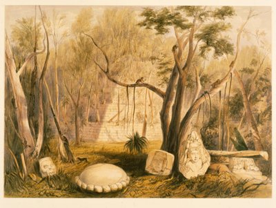Bâtiment pyramidal et fragment de sculpture à Copan, illustration de 
