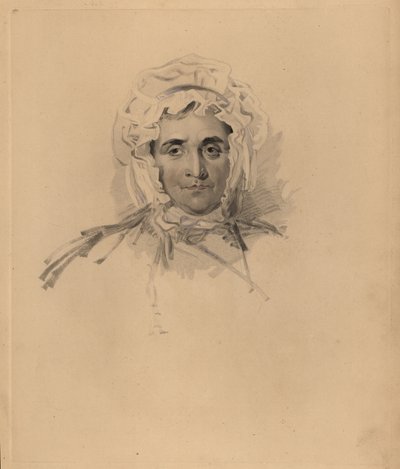 Portrait de la mère de Sir Thomas Lawrence, Lucy Read, proche de la mort. En bonnet et robe à col haut. Gravure colorée à la main par Frederick Christian Lewis d