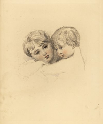 Portrait des enfants Calmeady dans une étreinte. Gravure colorée à la main par Frederick Christian Lewis d