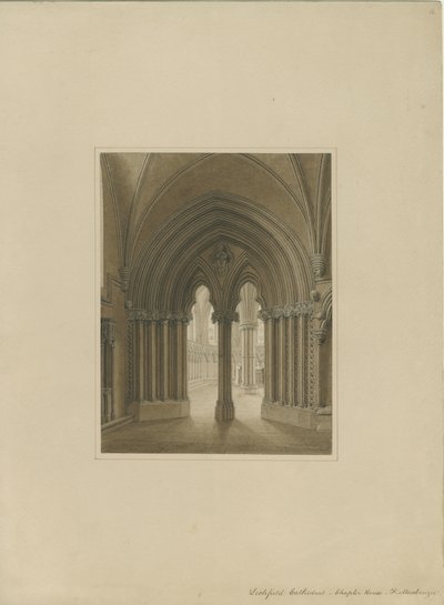 Intérieur de la cathédrale de Lichfield - Porte de la salle capitulaire : dessin sépia, nd [vers 1820] - Frederick Mackenzie