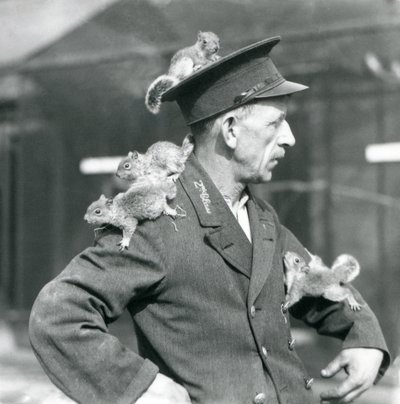 Un gardien de deuxième classe avec quatre jeunes écureuils gris grimpant sur son chapeau et sa veste, zoo de Londres - Frederick William Bond
