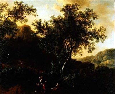 Paysage lacustre italianisant avec des voyageurs sur un chemin - Frederick de Moucheron
