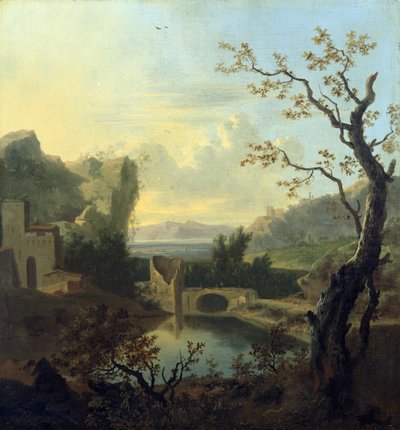 Paysage italianisant avec un pont fortifié en ruines - Frederick de Moucheron