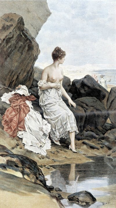 Femme au bord de la mer se baignant en cachette - allégorie de l