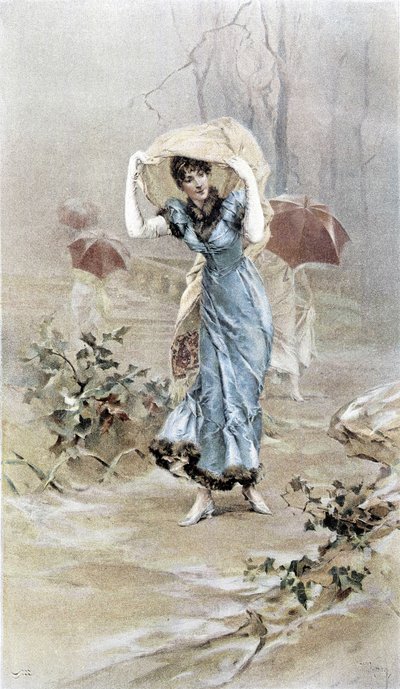 Femme se protégeant de la pluie - allégorie du début de l