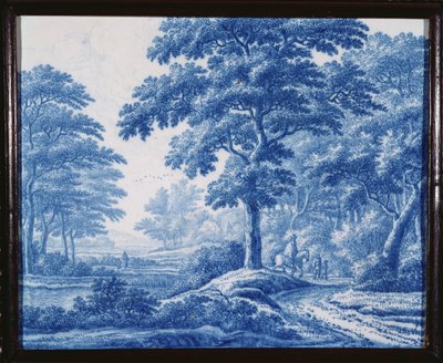 Plaque rectangulaire bleue et blanche de Delft très rare, représentant des voyageurs sur une route dans un paysage boisé - Frederik van Frijtom