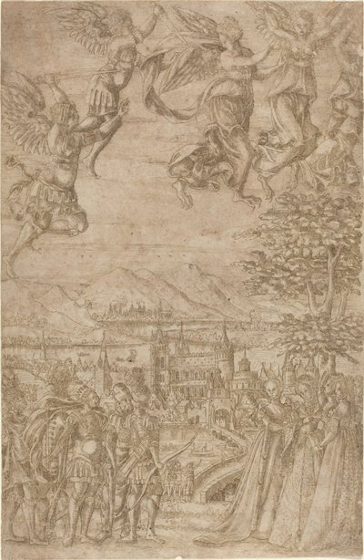 Un roi et sa suite confrontant des dames sous une bataille céleste - French 17th Century
