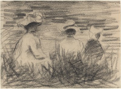 Trois figures assises dans un pré, vues de dos - French 19th or 20th Century