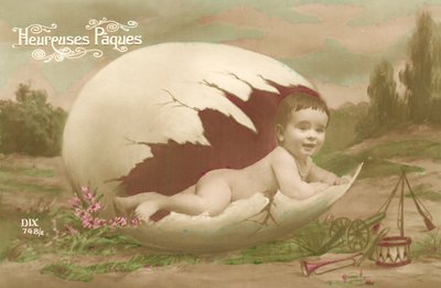 Carte de Pâques, montrant un bébé sortant d
