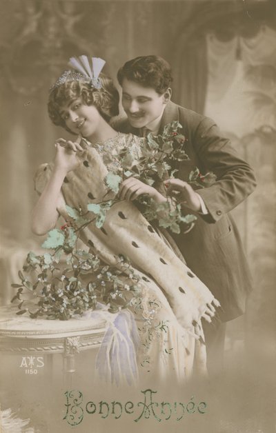 Carte de vœux de Bonne Année avec couple romantique tenant du gui - French Photographer