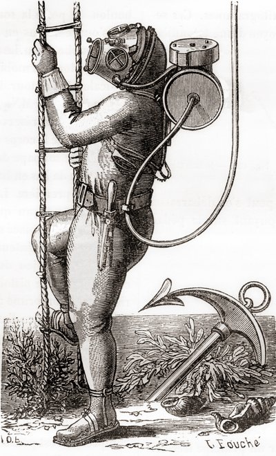 Un plongeur en haute mer du XIXe siècle portant une combinaison de plongée en caoutchouc avec casque et régulateur de réservoir, de 