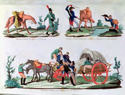 Un hussard portant du fourrage, un cavalier et un fantassin étanchant sa soif et une ambulance militaire (gravure en couleur) - French School