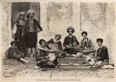 Un orchestre juif, à Tlemcen, composé invariablement de 5 instruments : le rbab monté sur 2 cordes ; le kouistra, une sorte de luth ; le kamendja, ou violon ; le centihr, une sorte de caisse trapézoïdale plate et le derboucha, une sorte de tambourin en ter - French School