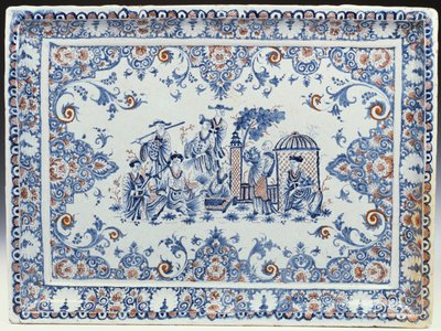 Un plateau rectangulaire de Rouen, peint en bleu et rouge fer - French School