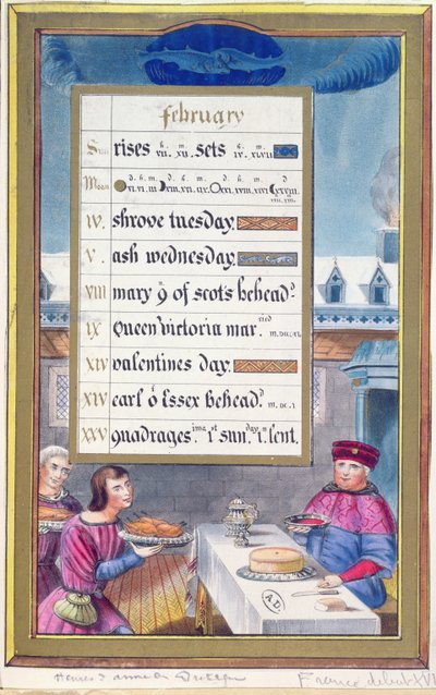 Feuille de calendrier victorien pour février avec une illustration du Livre d