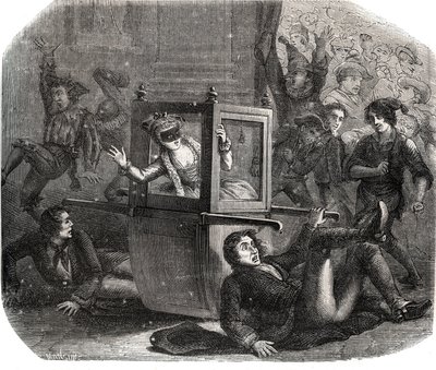 Une bande de farceurs empêche Marie-Thérèse Le Vasseur (1721-1801), en costume pour le Carnaval, d