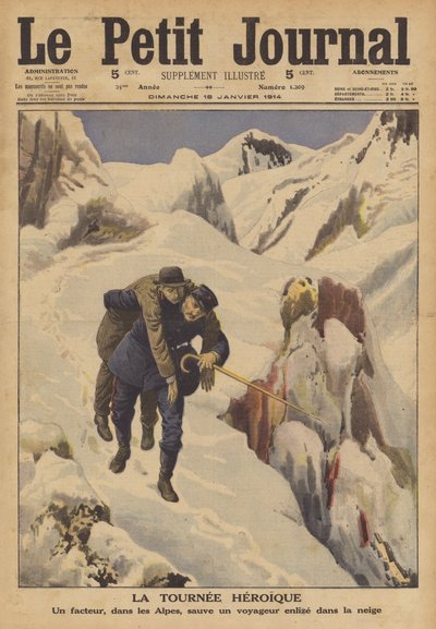 Un facteur sauvant un voyageur perdu dans la neige dans les Alpes - French School