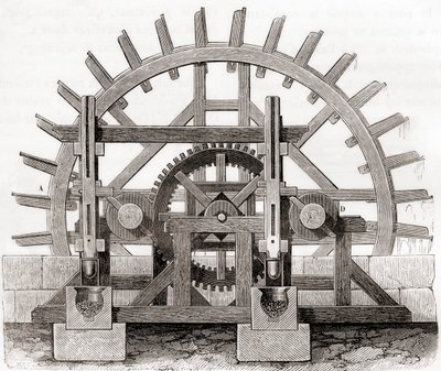 Un moulin à poudre et sa roue à eau, d
