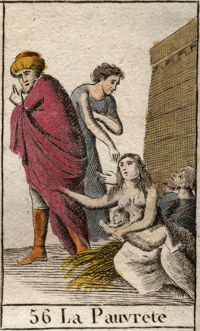 Représentation de la Pauvreté, pieds nus et vêtue de haillons, assise sur de la paille. De « Mythologie de la jeunesse » par Pierre Blanchard 1803. - French School