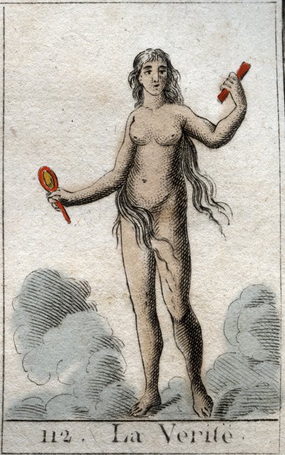 Représentation de la Vérité, comme une jeune femme nue avec un visage candide, elle tient un miroir. De « Mythologie de la jeunesse » par Pierre Blanchard 1803. - French School