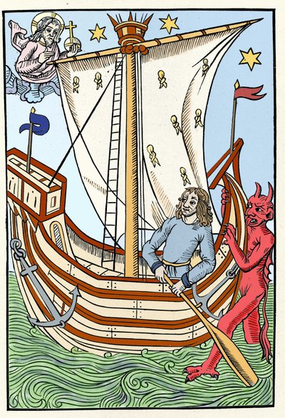 Un navire parmi les dangers de la mer. Un démon saisit la proue tandis que Dieu se manifeste à gauche. Gravure de "Le Grand Calendrier et Compost des Bergers", Troyes 1491 - French School