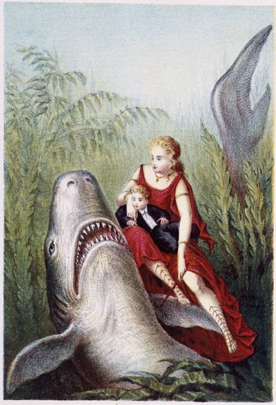 Une femme et un garçon chevauchant un requin - dans "Voyage au fond de la mer" par H. de la Blanchère. Paris, éd. Jouvet et Cie, sd. 1880 - French School
