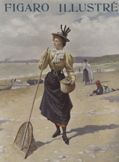 Une femme marchant sur une plage portant du matériel de pêche - French School