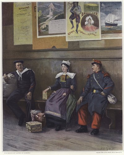Une jeune femme assise entre un marin et un soldat - French School