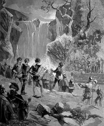 Adam de Craponne (1527-1576), mathématicien et ingénieur français devant les eaux de la Durance. (Un accord a été signé par Adam de Craponne pour amener les eaux de la Durance et du Verdon à Aix-en-Provence). dans "Histoire populaire des sciences, inventio - French School