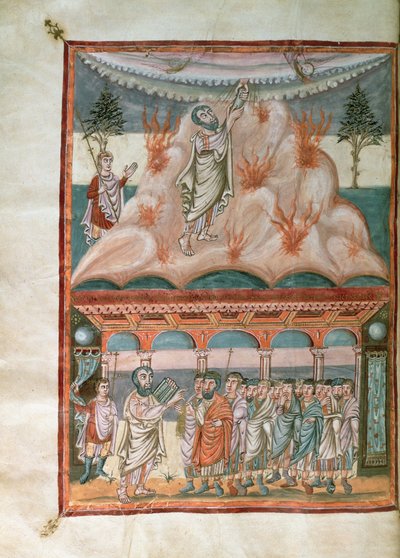 Moïse recevant et transmettant la loi de Dieu sur le mont Sinaï, de la Bible de Moutier-Grandval, illuminée dans l