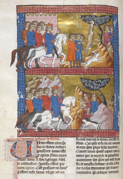 Add. 15268, f.75v Œdipe, trouvé par Polybe, roi de Corinthe, illustration de 