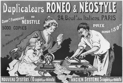 Publicité pour les duplicateurs Roneo et Neostyle, vers 1903-04 - French School