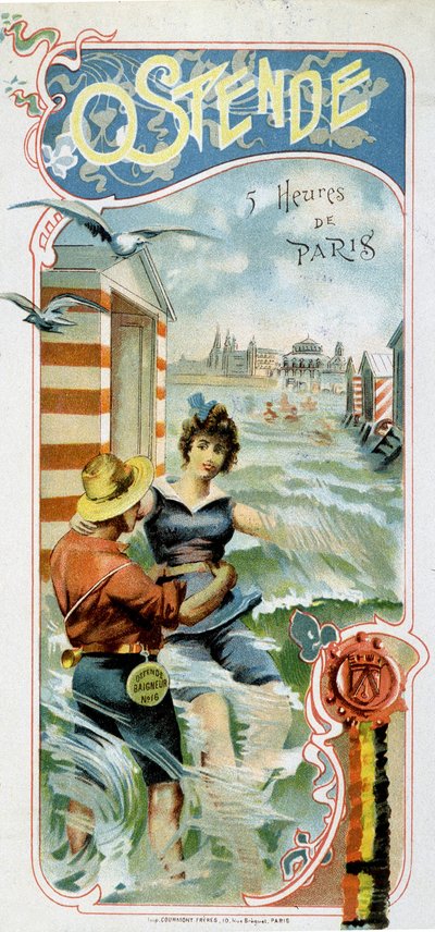 Publicité pour se rendre à Ostende (Belgique) depuis Paris : Ostende : 5 heures de Paris, vers 1900 (chromolithographie) - French School