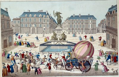 Aérostat : la deuxième tentative de vol en ballon. Le globe aérostatique entier de Charles et Robert à Paris, après un voyage en ballon à gaz hydrogénique, le 02/12/1783. Estampe anonyme du 18ème siècle. Paris, arts décoratifs - French School