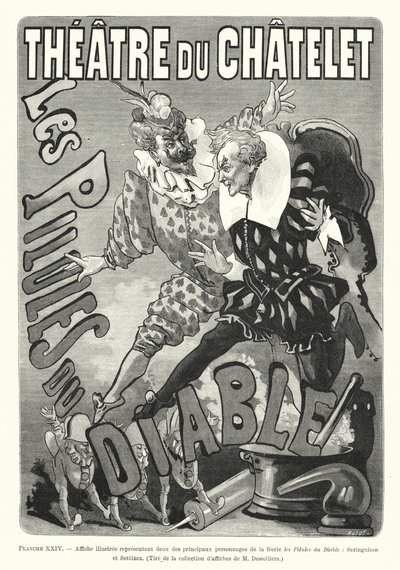 Affiche illustrée représentant deux des principaux personnages de la féerie les Pilules du Diable, Seringuinos et Sottinez - French School