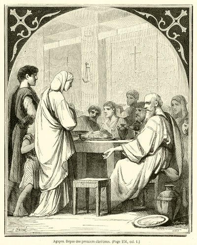 Agapes, Repas des premiers chrétiens (gravure) - French School