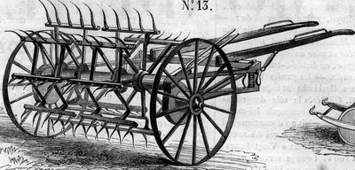 Machine agricole : un andaineur à double action anglais présenté au concours agricole de Paris en 1860. Gravure dans « Le Monde Illustré » n°172 du 28 juillet 1860 - French School