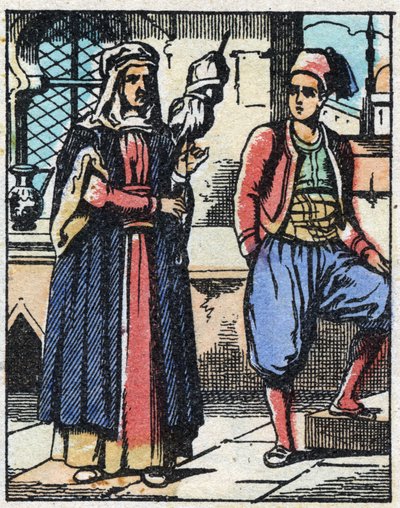 Aladin et sa mère vivant de leur travail. Gravure du conte des Mille et Une Nuits « Aladin et la Lampe Merveilleuse ». Imagerie d